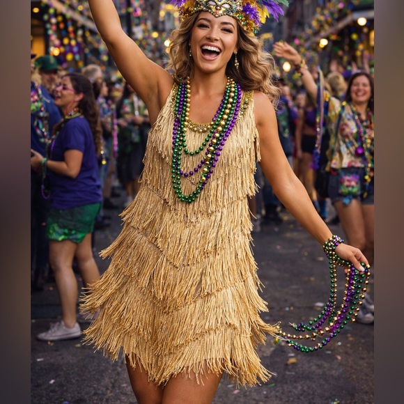 Dresses & Skirts - Festive Gold Fringe Dress